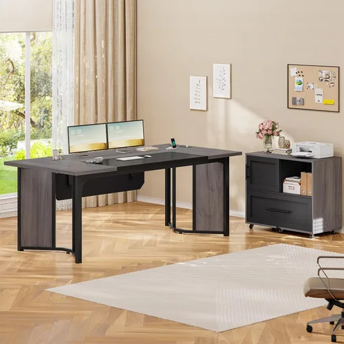 Miniatura 5 de UPOSOJA Escritorio ejecutivo de 63 pulgadas con archivador móvil, escritorio de oficina grande con cajón, escritorio moderno en forma de L con tomas
