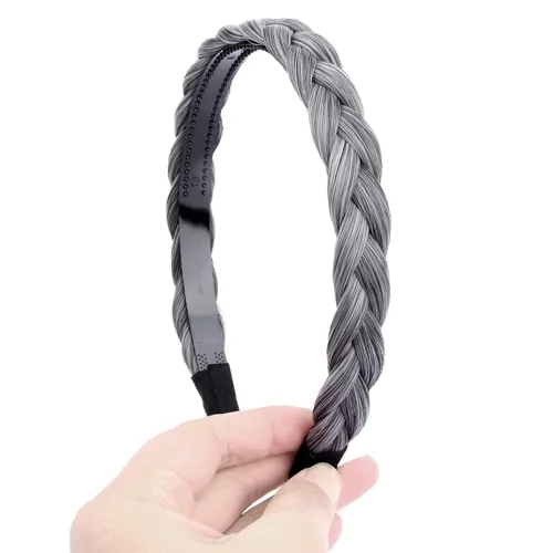 Miniatura 27 de Ancho de 1.5 cm Banda de pelo sintético trenzada estrecha con dientes para mujeres y niñas (Negro)