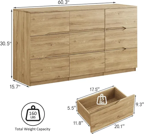 Miniatura 2 de Cómoda natural de 9 cajones para dormitorio, cómoda de 60.3 pulgadas de ancho con mango de ranura, modernos aparadores grandes con riel deslizante