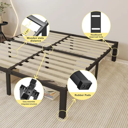 Miniatura 4 de ROIL - Base de cama de 18 pulgadas tamaño matrimonial con listones de madera - Capacidad de carga de 3500 libras, sin necesidad de somier, con topes