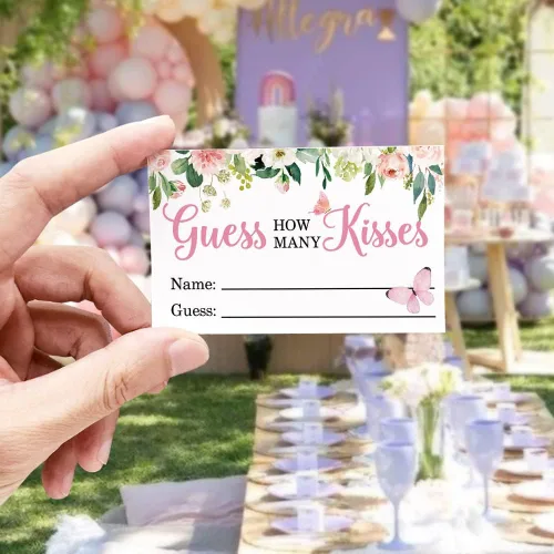 Miniatura 3 de How Many Kisses - Tarjetas de juego para fiesta de baby shower, besos florales de mariposas que adivinan baby showers, boleto de rifa, decoración