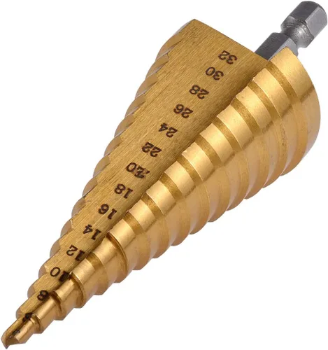 KATUR Broca escalonada de titanio grande HSS - Juego de brocas de cono escalonado, vástago hexagonal, borde estriado, 15 tamaños 0.157-1.260 in