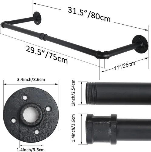 Miniatura 3 de WEBI Perchero de montaje en pared, 24 pulgadas de tubería industrial para colgar ropa, barra de hierro resistente, barra de ropa de exhibición al