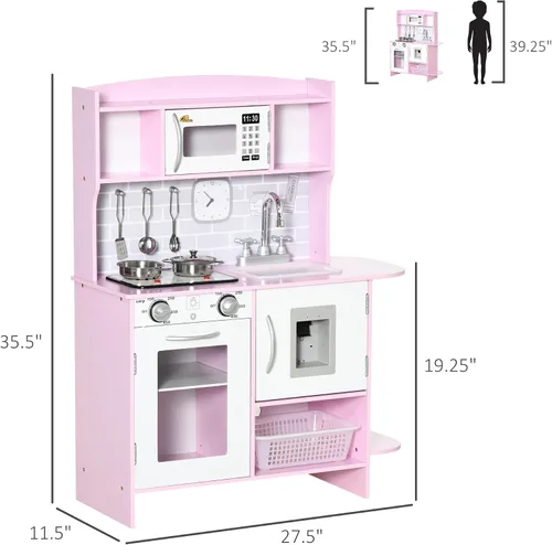 Miniatura 7 de Qaba Juego de juguetes de cocina para niños con diseño realista, luces de estufa, almacenamiento, dispensador de agua, para niños de 3 a 6 años