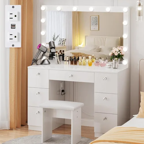Miniatura 9 de VOWNER Tocador con espejo iluminado: escritorio de maquillaje con parte superior de vidrio con 7 cajones y toma de corriente, 3 modos de iluminación