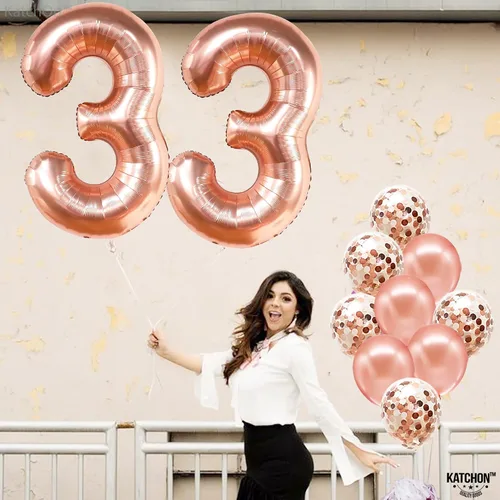 Miniatura 4 de KatchOn, Globos de oro rosa con el número 33, 40 pulgadas, decoraciones de cumpleaños número 33 para mujer, globo de cumpleaños 33 con globos