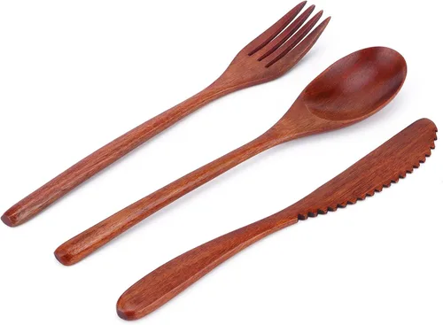 Miniatura 8 de Juego de cubiertos de madera Cuchara Tenedor Cuchillo Cubiertos de Madera Vajilla Vajilla Portátil con Bolsa
