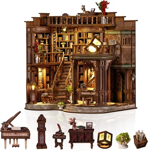 Miniatura 12 de Kit de rincón de libros en miniatura, rompecabezas de madera 3D, decoración de estantería de biblioteca con luces LED, modelo de casa pequeña