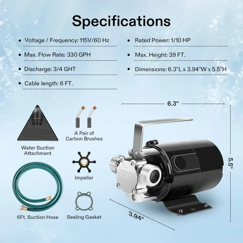 Miniatura 2 de VIVOSUN Bomba de transferencia de agua de 115 V, bomba portátil de 1/10 HP 330 GPH con kit de manguera de agua, ideal para eliminar agua