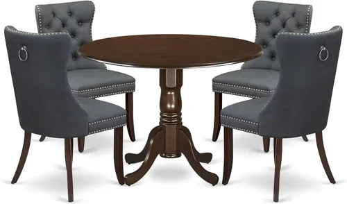 East West Furniture DLDA5-MAH-13 - Juego de comedor de 5 piezas que consta de una mesa de cocina redonda con gotas y 4 sillas Parson de tela de