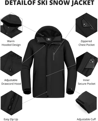 Miniatura 4 de CAMEL CROWN Chaqueta de esquí para hombre, impermeable, abrigo de nieve de invierno, resistente al viento, forro polar cálido, con capucha, parka