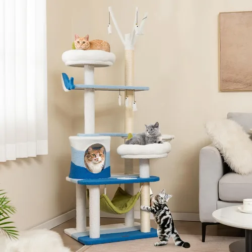 Miniatura 2 de Tangkula Árbol para gatos con temática oceánica, torre para gatos de varios niveles con postes rascadores de sisal, condominio, perca, hamaca