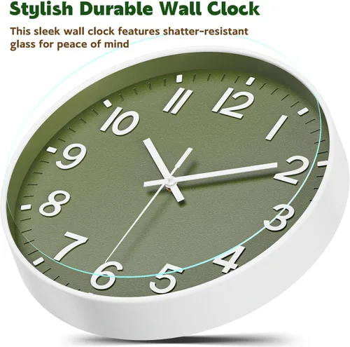 Miniatura 5 de Reloj de pared silencioso sin tictac, funciona con pilas, moderno reloj de pared analógico verde oliva para sala de estar, cocina, oficina