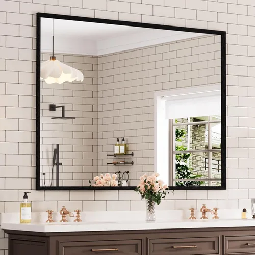 Miniatura 68 de WEER - Espejo de baño dorado, espejo de 40x32 pulgadas con marco de metal dorado cepillado, espejo de tocador de baño de oro para pared
