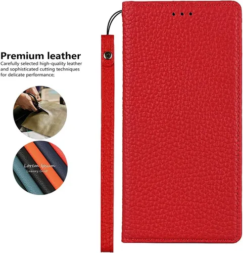Miniatura 8 de iCoverCase Compatible con iPhone 13 Pro Max, funda magnética de piel auténtica con bloqueo RFID, correa para la muñeca y ranuras para tarjetas, Rojo