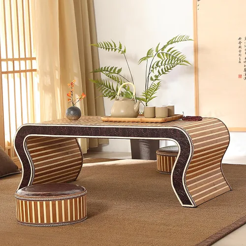 Miniatura 2 de HM&DX Mesa de centro de madera, mesa de piso japonesa, mesa de té de tatami, mesa de centro tejida de ratán, mesa de altar baja para meditación