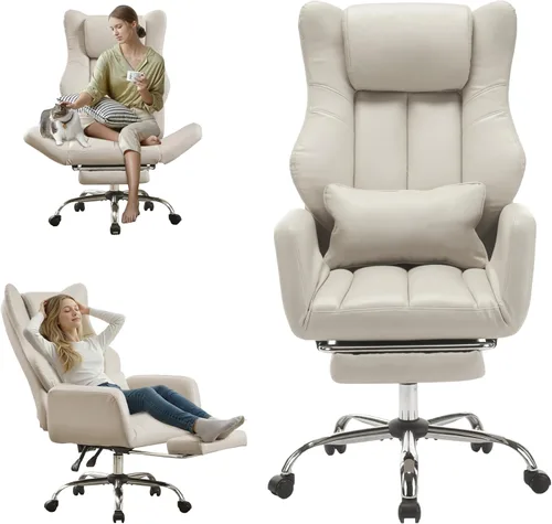Silla de oficina ergonómica con las piernas cruzadas con reposapiés, silla ejecutiva grande y alta de cuero con ruedas, reposabrazos reversible y