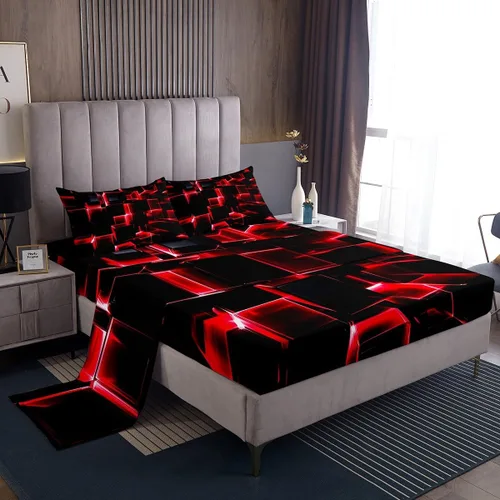 Miniatura 40 de Erosebridal Juego de sábanas de cama negro y rojo, juego de sábanas de tamaño individual abstracto moderno, sábanas a cuadros brillantes 3D, juego