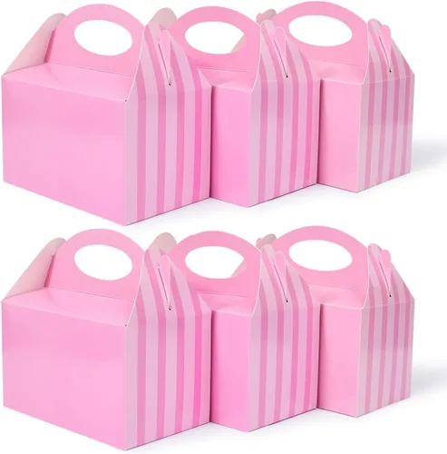 P6PK12 Cajas de recuerdos de fiesta Happyhiram a rayas rosas, 12 unidades para niñas, cajas de golosinas con asas, cajas tipo gablete de 6 pulgadas,