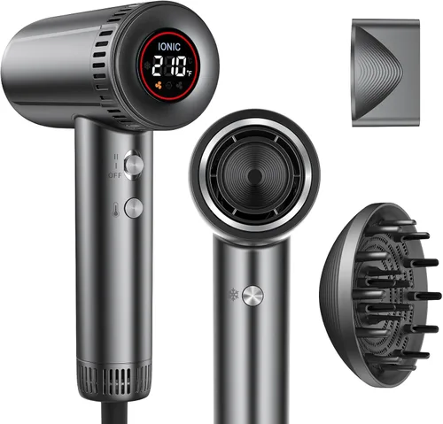 Secador de pelo con accesorios difusores magnéticos, secador iónico profesional de alta velocidad para secado rápido, 9 ajustes de calor y 2 ajustes