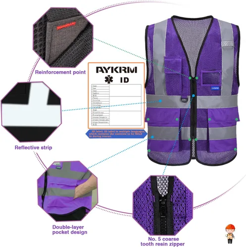 Miniatura 3 de A-SAFETY Chaleco reflectante de seguridad de malla de alta visibilidad con bolsillos y cremallera, chaleco de trabajo Hi Viz para hombres y mujeres
