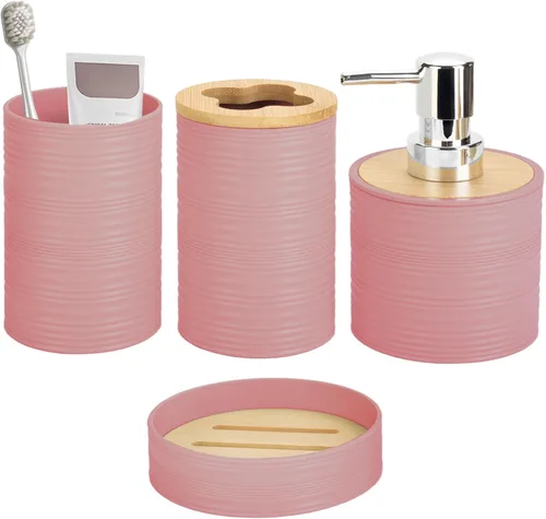 Miniatura 10 de Juego de accesorios de baño de bambú de 4 piezas, juego de accesorios de baño con dispensador de jabón y soporte para cepillos de dientes, jabonera