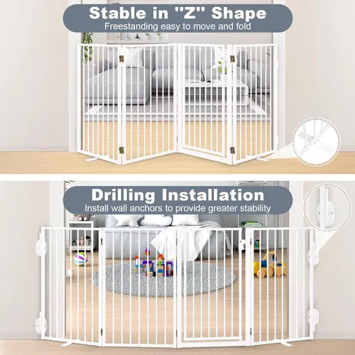 Miniatura 5 de Puertas de metal independientes para perros con puerta para interiores y exteriores, 80 pulgadas, extra ancho, 32 pulgadas de alto, puerta Blanco