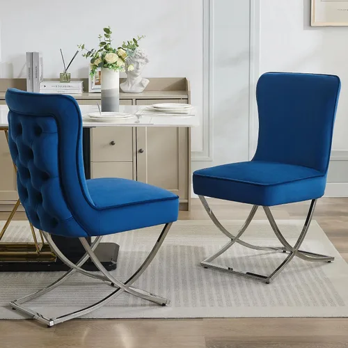 WUTUTUEE Sillas de Comedor de Terciopelo de Lujo, Sillas de Acento Capitoné Tapizadas Sin Brazos con Patas de Metal Plateado en Forma de X, Juego de