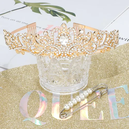 Miniatura 7 de CAVETEE Faja y tiara dorada para cumpleaños - Coronas de fiesta para mujer