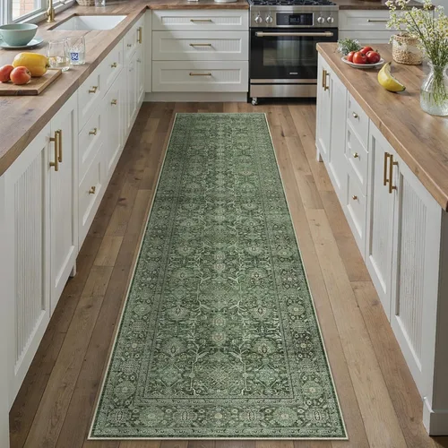 PureCozy Alfombra de pasillo verde de 2 x 8 pies, lavable, suave, vintage, para interiores, cocina, antideslizante, dormitorio, tradicional, retro,