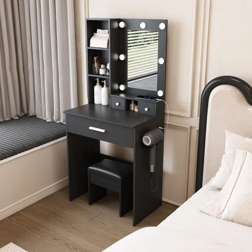 Miniatura 2 de Mesa de tocador con espejo y luces LED ajustables, toma de corriente, soporte para secador de pelo y taburete, para dormitorio pequeño