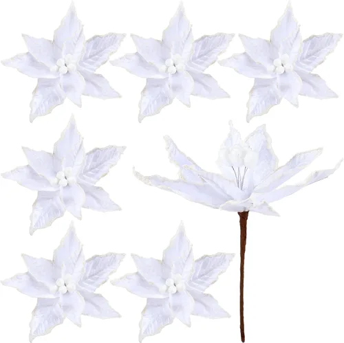 Miniatura 15 de Zeyune 6 Piezas Flores de Pascua Azules de Navidad Artificiales Grandes Espinas de Pascua Falsas Flores de Franela con Borde Helado para Adornos
