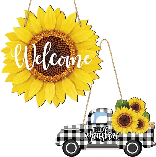 2 piezas de girasol de verano para puerta de bienvenida, letrero colgante de madera para camión con diseño de girasol Hello Sunshine Wall Porche Art