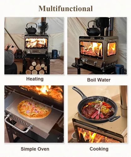 Miniatura 5 de TOMOUNT Estufa de tienda caliente,Estufa de leña con base de marco,con 7 tubos de chimenea,Acero inoxidable 304 con ventana de vidrio resistente al