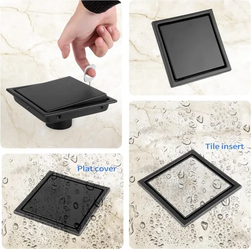 Miniatura 54 de ELLO&ALLO - Drenaje de piso de ducha con brida, rejilla extraíble de patrón cuadrado de 6 pulgadas cuadradas, acero inoxidable SUS 304, color negro