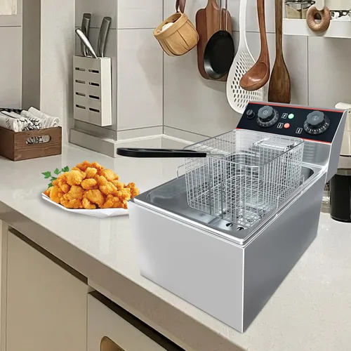 Miniatura 5 de Freidora eléctrica comercial de 6 L (6.5 cuartos de galón) con 1 cesta, freidora de acero inoxidable de 1500 W para uso doméstico, temperatura