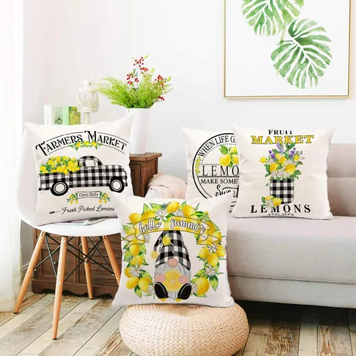 Miniatura 7 de Hexagram Lemon Farmhouse - Juego de 4 fundas de almohada de 16 x 16 pulgadas, fundas decorativas de verano a cuadros de búfalo, fundas de cojín