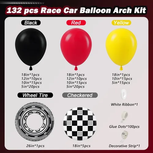 Miniatura 2 de Kit de arco de globos de auto de carreras de 132 piezas, decoraciones de fiesta con globos rojos, negros y amarillos, globos de rueda a cuadros