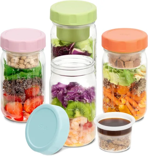 SOLIGT Paquete de 4 tarros de ensalada de vidrio con tapas para preparación de comidas, recipiente a prueba de fugas para el almuerzo, con vasos