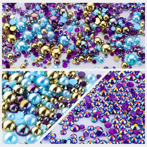 Miniatura 2 de 60g de Perlas Acuamarina Dorada con Diamantes de Imitación para Manualidades Tamaño Mixto 3mm-10mm Color AB Redondas Perlas Medias Planas Conjunto
