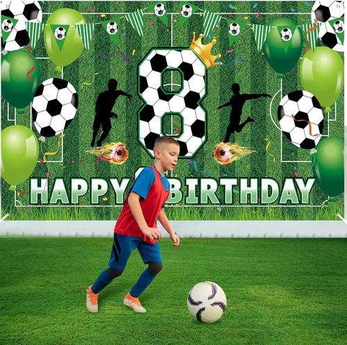 Miniatura 6 de Decoraciones de fiesta de 8 cumpleaños de fútbol – Cartel de feliz cumpleaños para niños, niños, adolescentes – Suministros grandes para fiestas