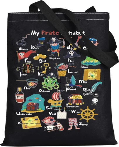 LEVLO Pirate Life - Bolsa de lona con texto en inglés "Pirate Life", regalo inspirado en la cita de pirata, bolso de hombro con alfabeto A-Z