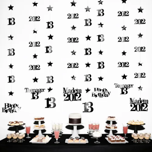 Miniatura 18 de Decoraciones Negras de Cumpleaños Número 13 Círculo Punto Estrella Centelleante Guirnalda Serpentina Colgante Metálica Banderín Banner Telón de Negro
