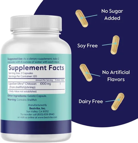 Miniatura 3 de BESTVITE Liposan Ultra Chitosan 500mg (240 cápsulas) - Acción más rápida patentada que el quitosano normal, sin estearatos, sin rellenos