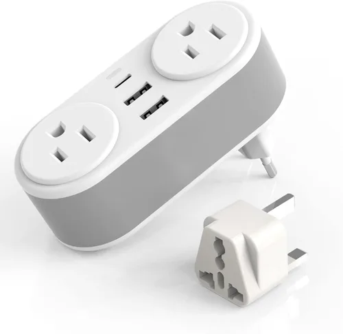 Miniatura 8 de Adaptador de enchufe de viaje europeo para Europa y Reino Unido, enchufe de alimentación internacional con 2 tomas de corriente alterna y 3 puertos
