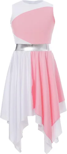Miniatura 3 de Oyolan Vestido de baile de alabanza lírica de un hombro para niñas y niñas, sin mangas, bloque de color, túnica litúrgica para adoración