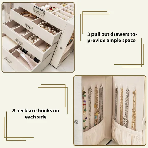 Miniatura 3 de AKOZLIN Joyero de 4 niveles con cerradura de cuero con 3 cajones para mujeres y niñas, anillo collar, aretes, pulsera, relojes, soporte con espejo