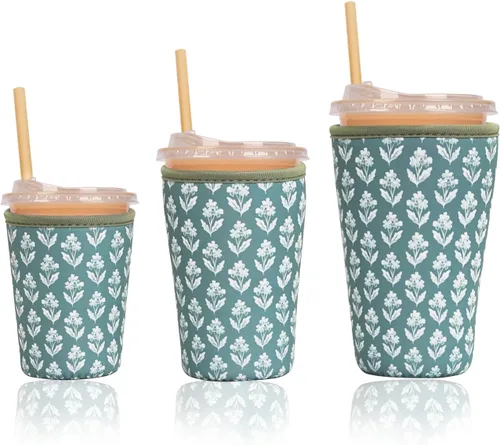 Miniatura 48 de Funda aislante reutilizable para taza de café helado, paquete de 3 fundas de neopreno para bebidas frías y calientes, soporte para bebidas para café