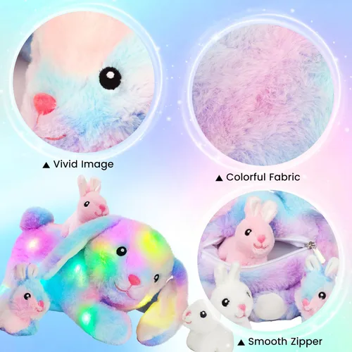 Miniatura 5 de Hopearl Conejo de peluche LED con luces, juguete de peluche con mamá y 3 bebés en su barriga, nana animada, calmante para mamá, niños pequeños