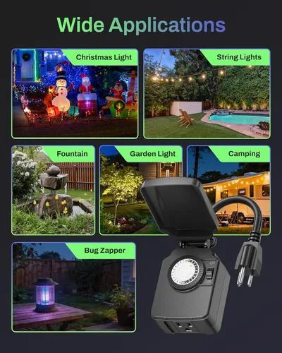 Miniatura 8 de BN-LINK Temporizador de luz mecánico para exteriores de 24 horas, impermeable, resistente, 15 A 1/2 HP, 1 toma de temporizador con conexión a tierra